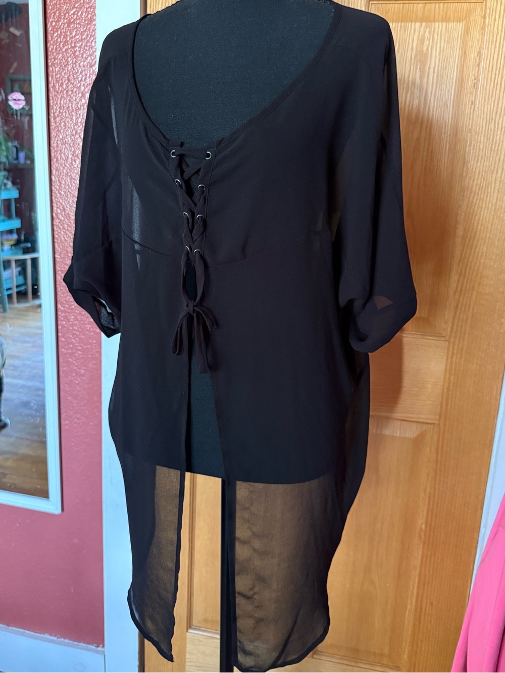 Black Sheer Lace-Up Women’s Top